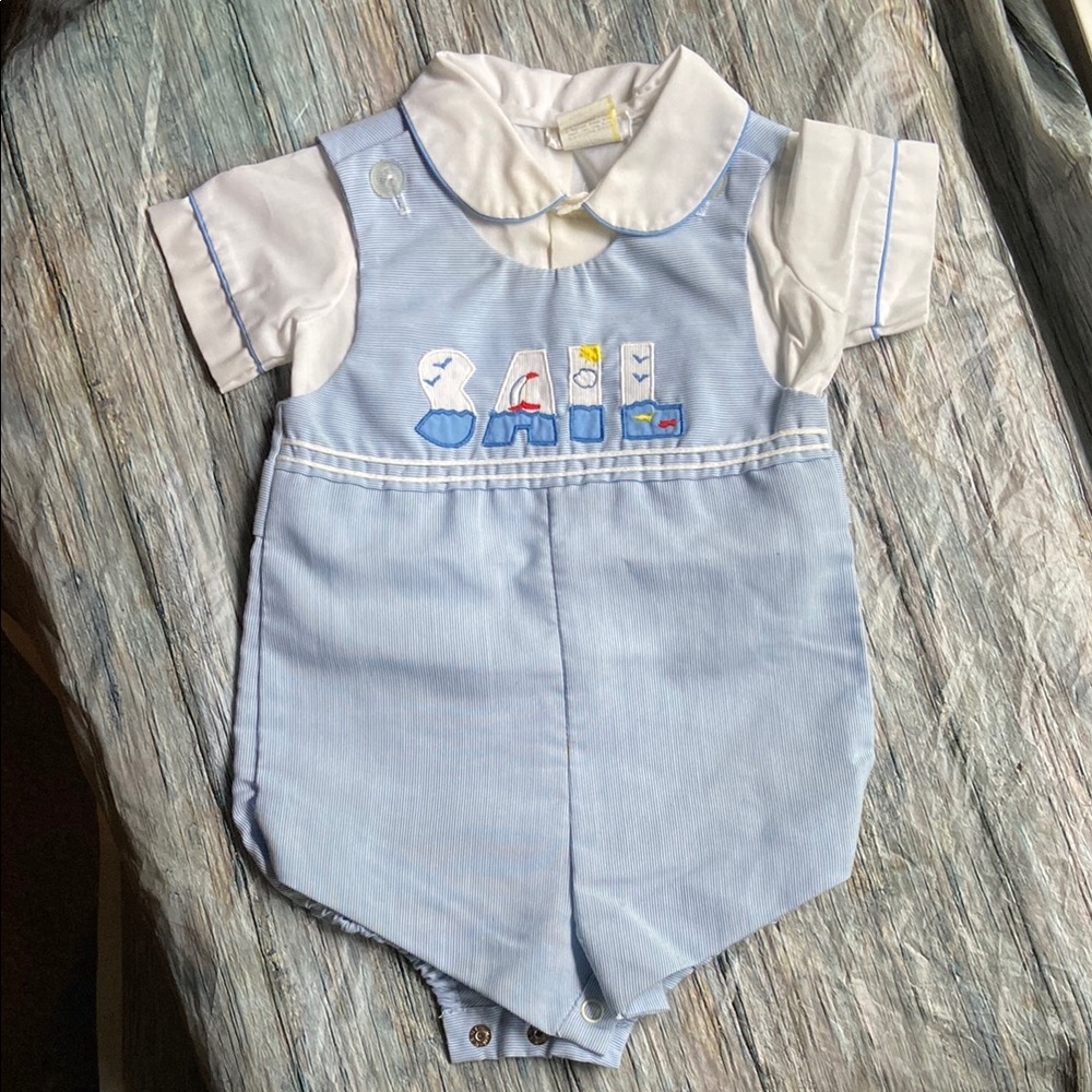 SAIL - Vintage Blue and White Baby Matching Set with Embroidered Details